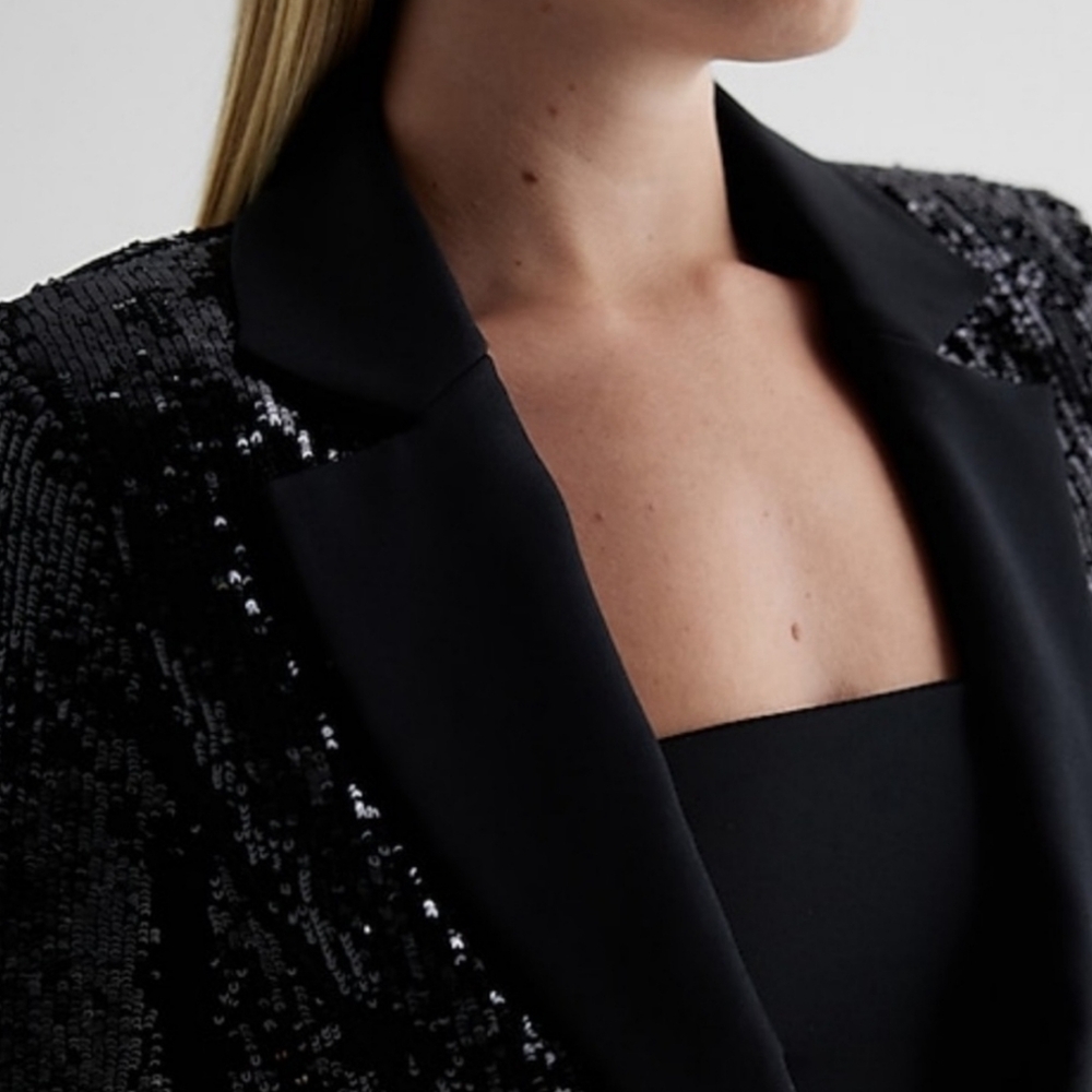 New Express Sequin Solid Lapel Cropped Black Blaz… - image 4